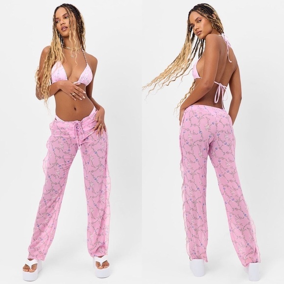 NWT FRANKIE’S BIKINIS Floral Chiffon Low Rise Lace Up Ruffle Straight Leg Pant S